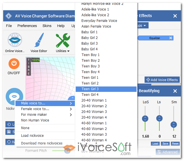 Voice Changer Software Diamond 9.5, Male to Female voice