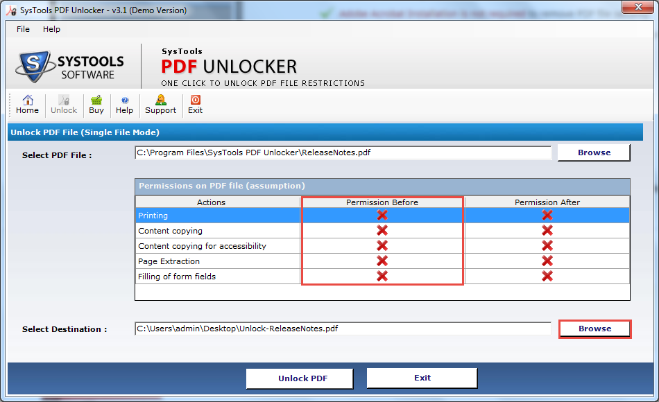 Permissions Before indicate that before unlocking the PDF file
