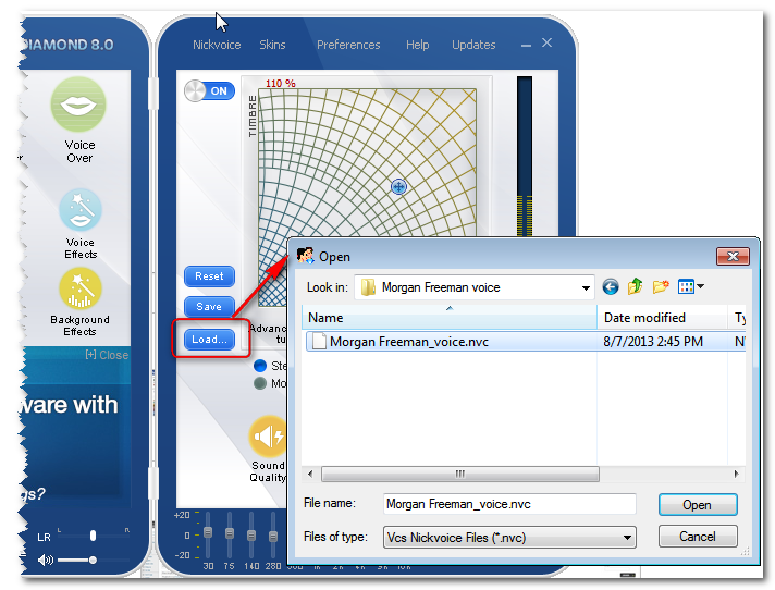 Click Open to load Morgan Freeman_voice.nvc