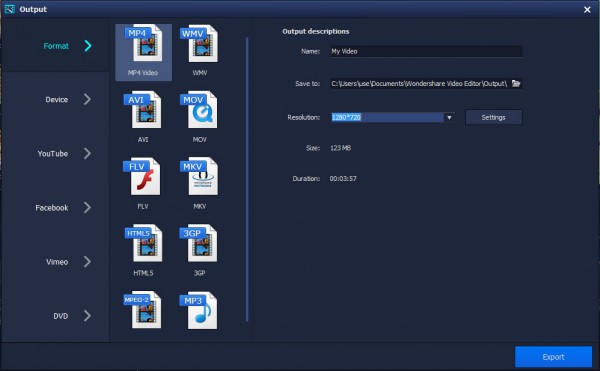 Wondershare Video Editor - Export video