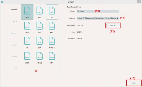 Output format settings