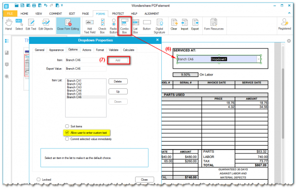 Dropdown list in Wondershare PDfelement