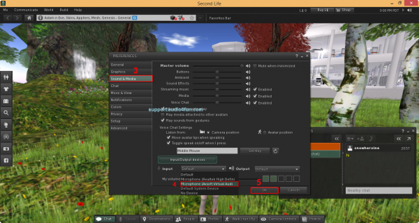 Set up audio settings in second life voice morpher