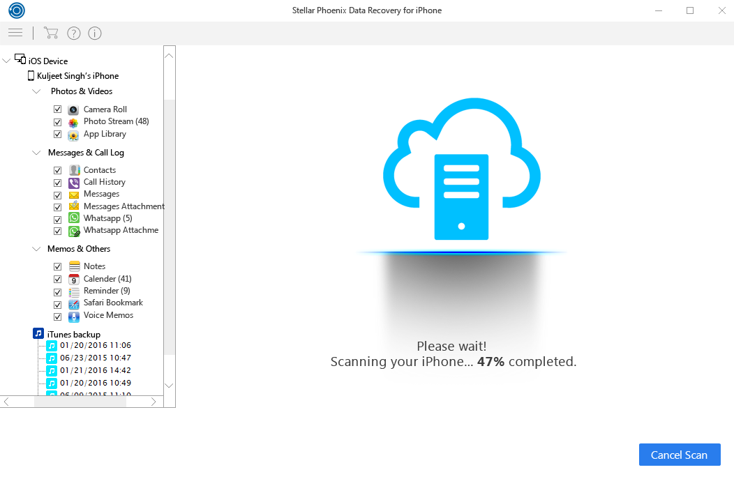 Scanning process on selected backup file