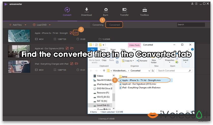 Find the converted files in the Converted tab