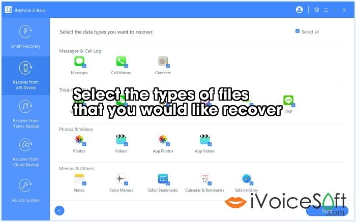 Select the types of files  that you would like recover