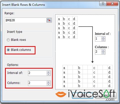 Kutools Insert Blank Rows & Columns dialog boX