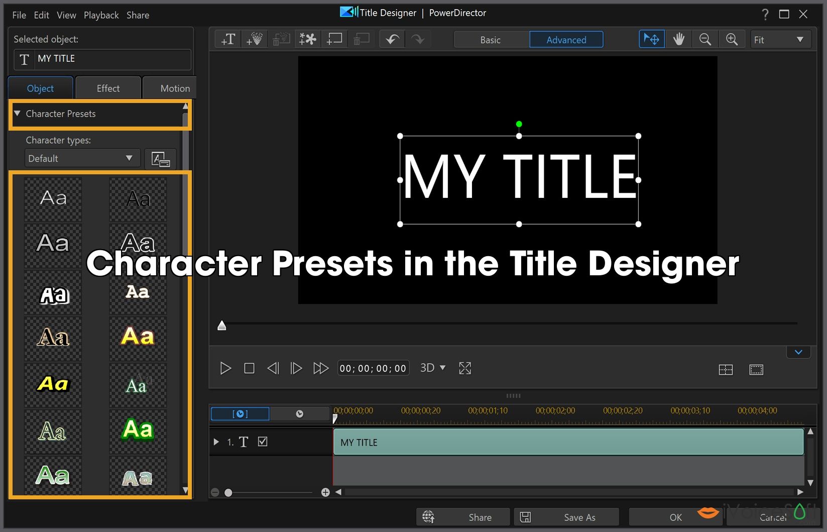  Character Presets in the Title Designer