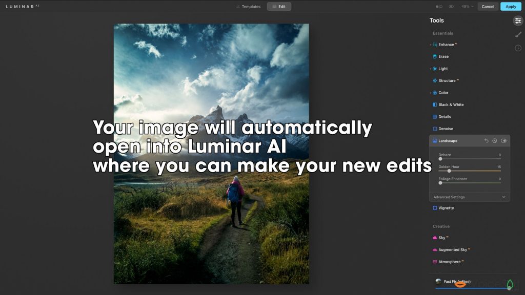 Your image will automatically  open into Luminar AI  where you can make your new edits