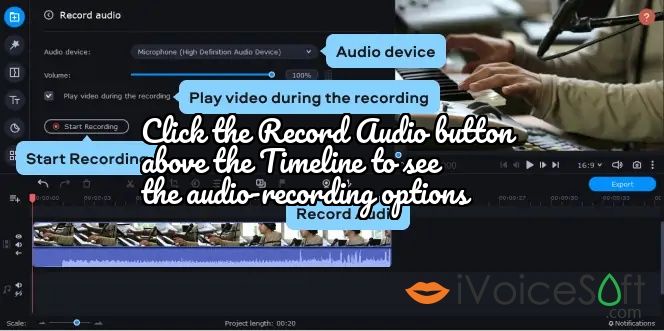 Click the Record Audio button  above the Timeline to see  the audio-recording options