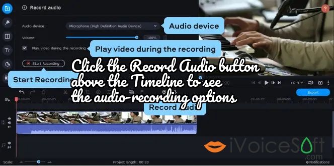 Click the Record Audio button above the Timeline to see the audio-recording options