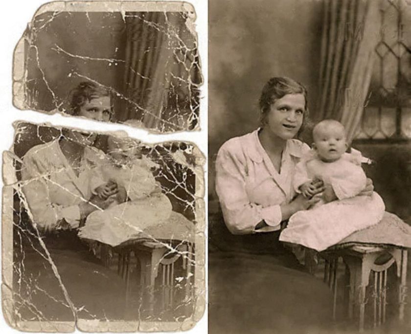 The photo exhibits wrinkling, tearing, scratching, or spots on its surface