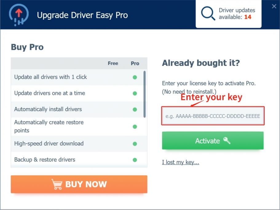 Input the software key provided to you via email upon your Driver Easy purchase. 