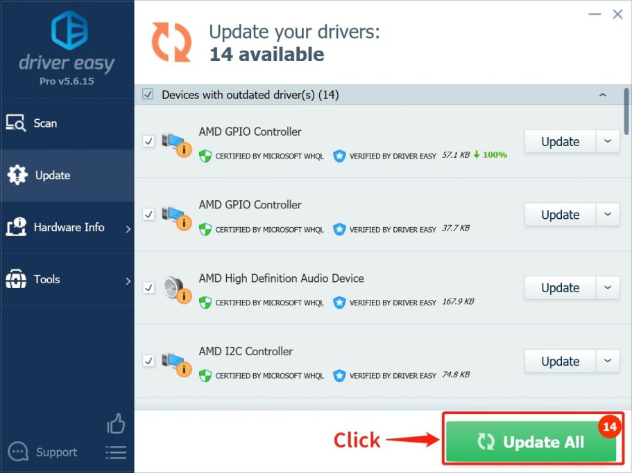 Select the "Update All" option. Driver Easy will proceed to download and install updates for all the device drivers that are outdated or missing, ensuring that you receive the most current versions directly from the manufacturer.