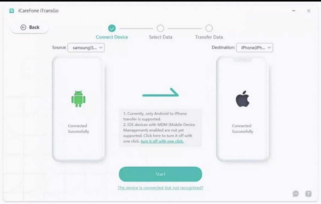 Click on "Start" and then choose the specific data types you wish to transfer.