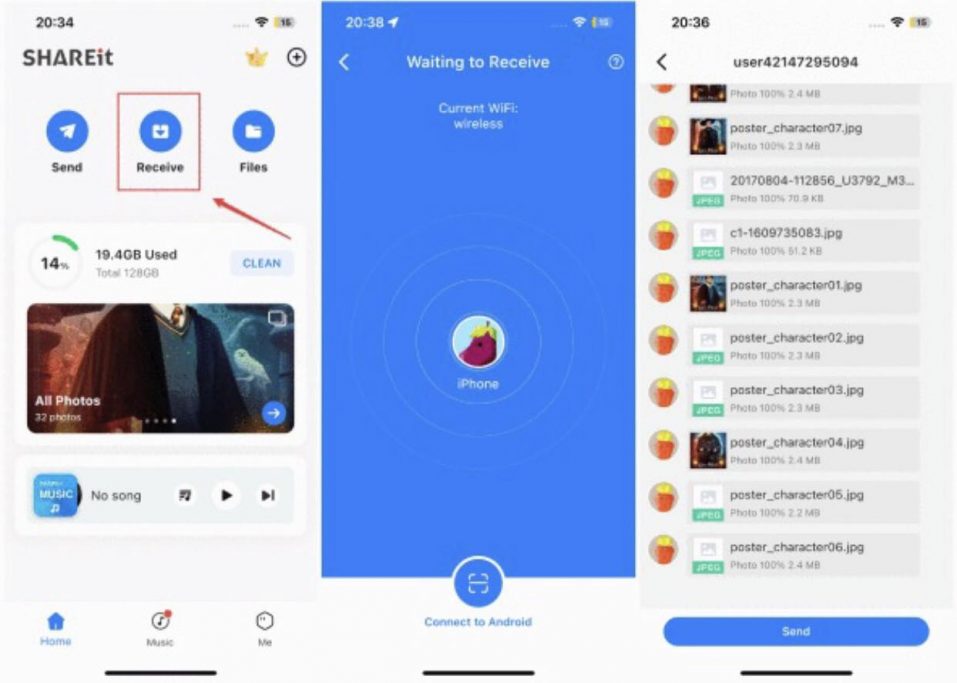 On your iPhone, select "Receive," and on your Android, choose "Send.
