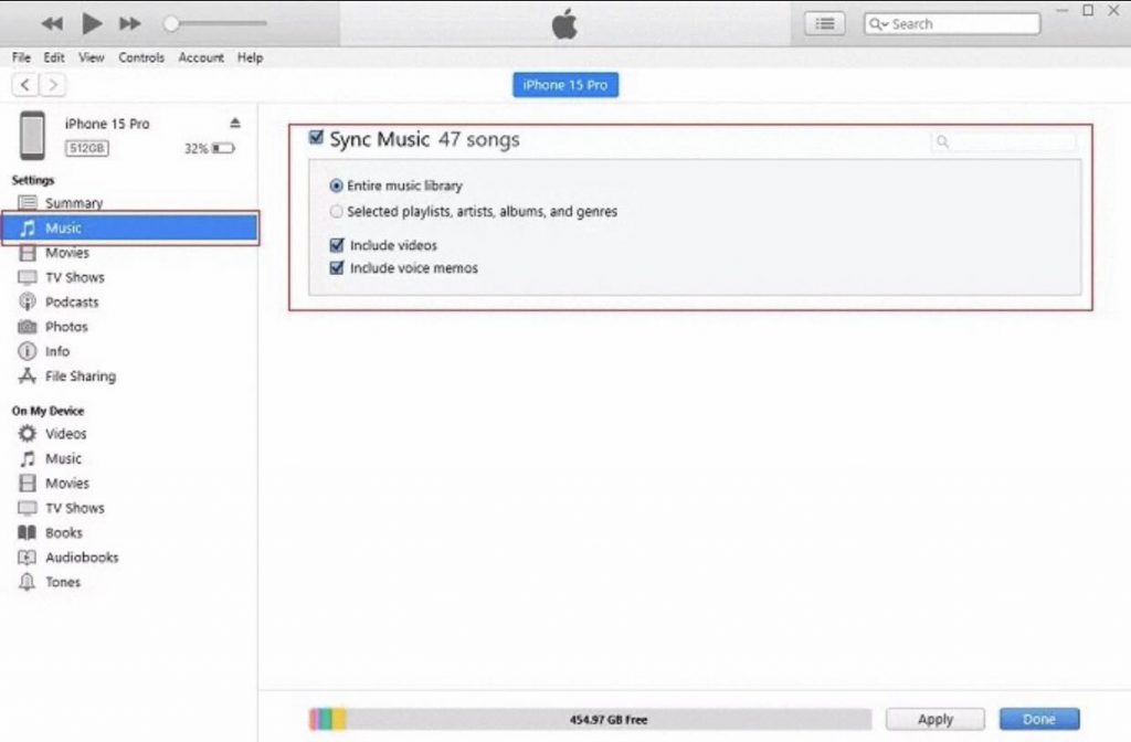To transfer music, click "Music" and check the "Sync Music" option.
