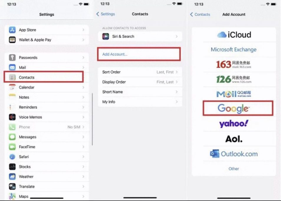 Open the Settings app on your iPhone and select "Contacts."
Choose "Accounts" and log in to your Google account.