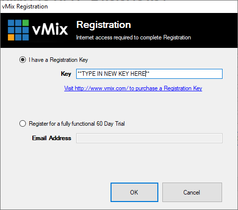 Enter the new registration key into the designated field