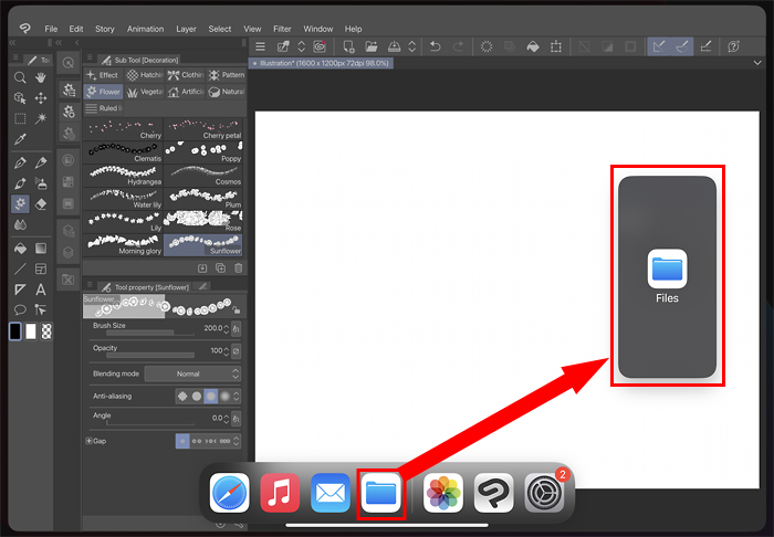 Move the Files app next to Clip Studio Paint by dragging it from the Dock.