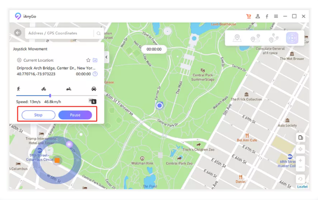 Pause or stop movement by tapping the middle button or selecting "Stop" in the top left corner.