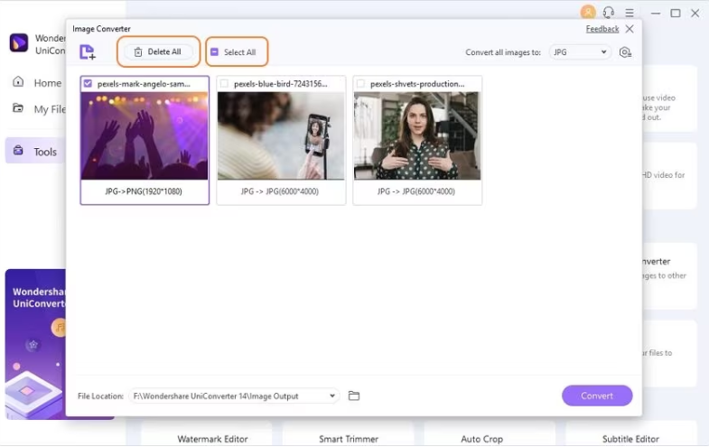 Use the Select All checkbox to choose all added images or individually select files for deletion.
